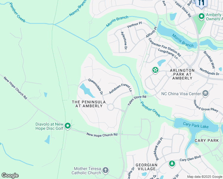 map of restaurants, bars, coffee shops, grocery stores, and more near 211 Ashdown Forest Lane in Cary