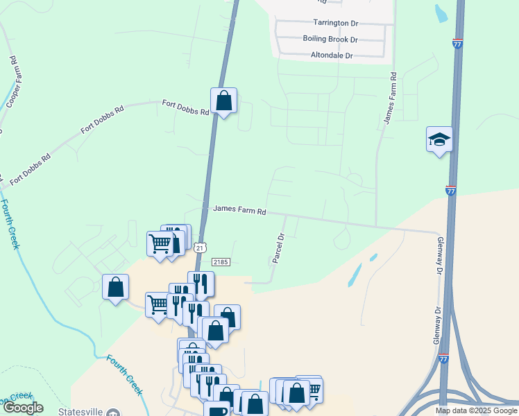 map of restaurants, bars, coffee shops, grocery stores, and more near 147 James Farm Road in Statesville