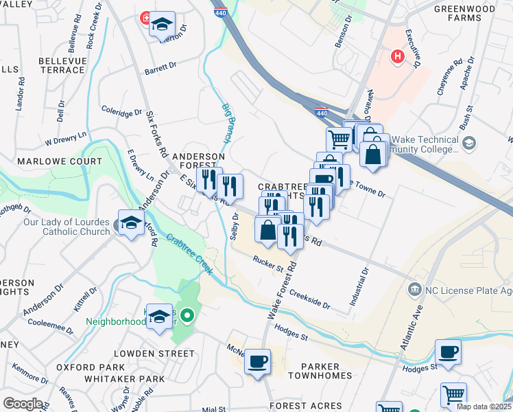 map of restaurants, bars, coffee shops, grocery stores, and more near 343 East Six Forks Road in Raleigh