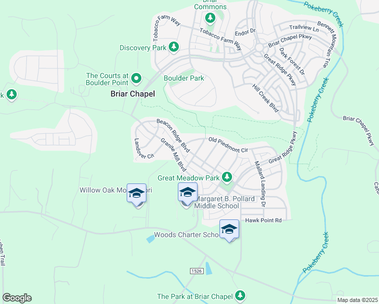 map of restaurants, bars, coffee shops, grocery stores, and more near Beacon Ridge Boulevard in Chapel Hill