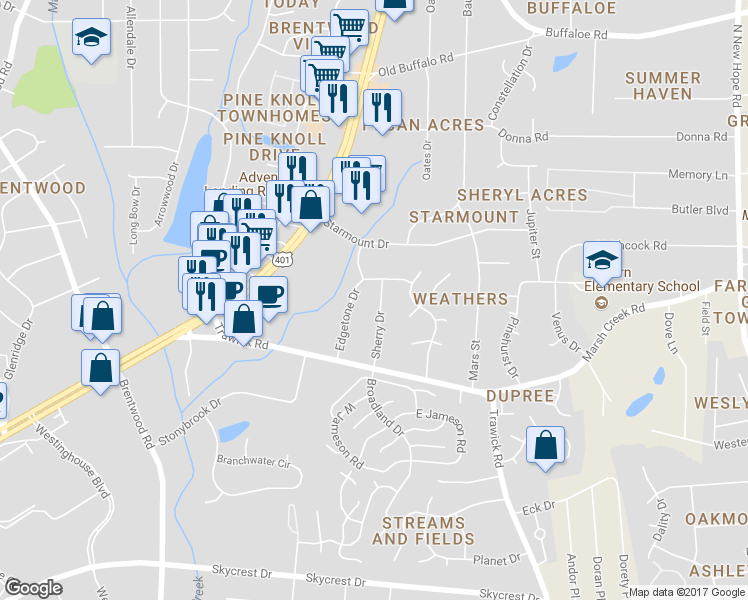 map of restaurants, bars, coffee shops, grocery stores, and more near 3109 Sherry Drive in Raleigh