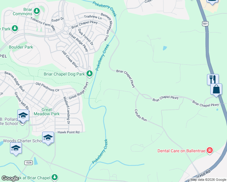 map of restaurants, bars, coffee shops, grocery stores, and more near Briar Chapel Parkway in Chapel Hill