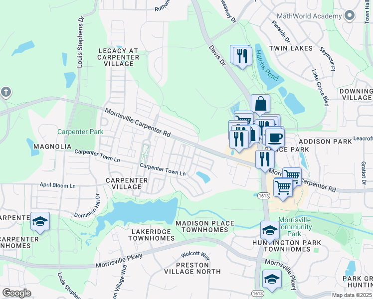 map of restaurants, bars, coffee shops, grocery stores, and more near 312 Madison Grove Place in Cary