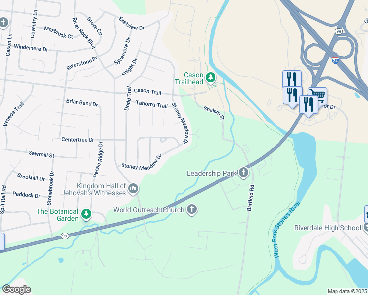 map of restaurants, bars, coffee shops, grocery stores, and more near 2031 Stoney Meadow Drive in Murfreesboro