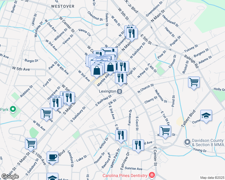 map of restaurants, bars, coffee shops, grocery stores, and more near 200 South Pugh Street in Lexington
