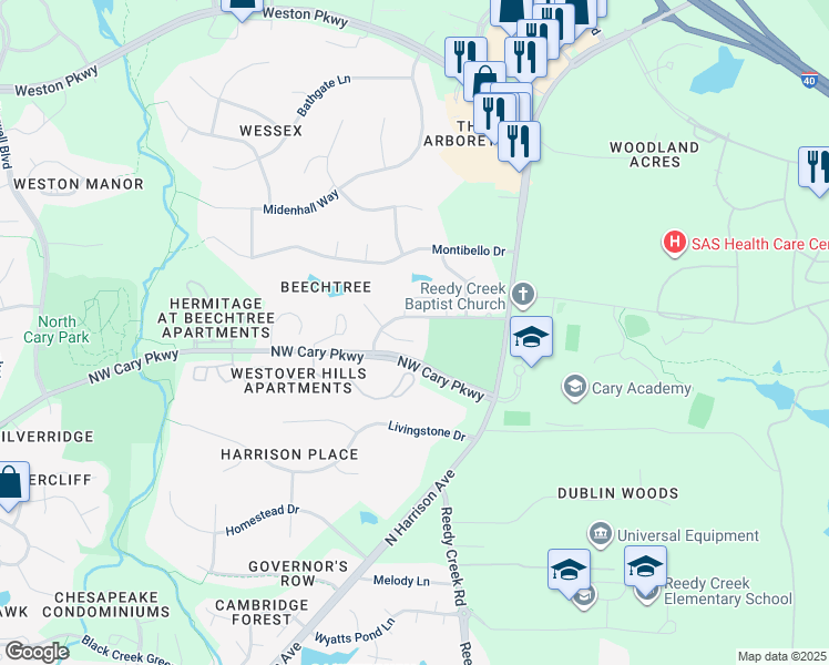 map of restaurants, bars, coffee shops, grocery stores, and more near 113 Beech Forest Court in Cary