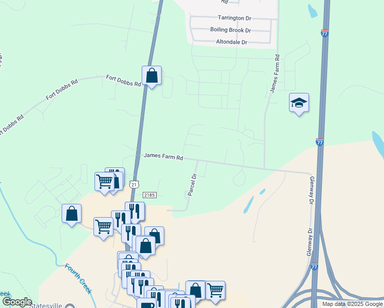 map of restaurants, bars, coffee shops, grocery stores, and more near 163 James Farm Road in Statesville