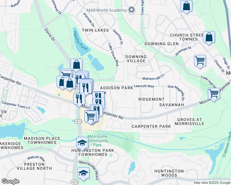 map of restaurants, bars, coffee shops, grocery stores, and more near 112 Bayless Ridge Court in Morrisville
