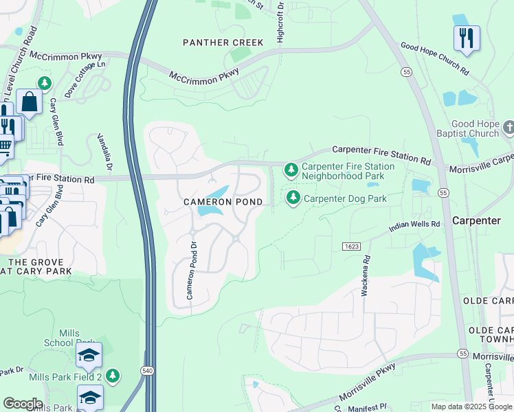 map of restaurants, bars, coffee shops, grocery stores, and more near 420 Parkman Grant Drive in Cary