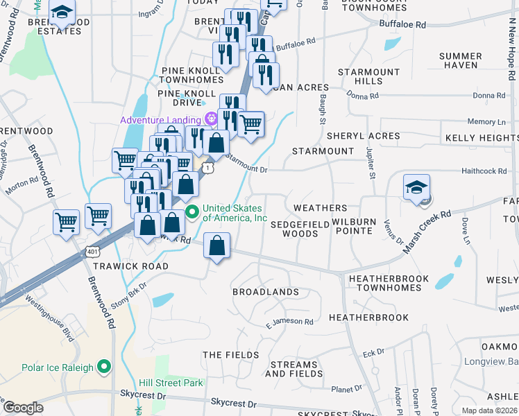 map of restaurants, bars, coffee shops, grocery stores, and more near 3113 Sherry Drive in Raleigh