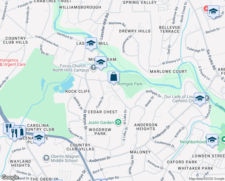 map of restaurants, bars, coffee shops, grocery stores, and more near 3331 White Oak Road in Raleigh