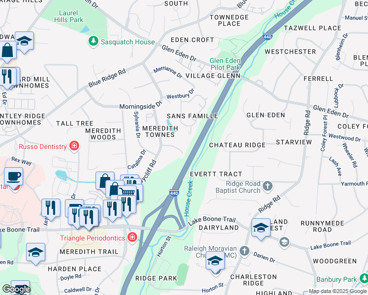 map of restaurants, bars, coffee shops, grocery stores, and more near 2860 Wycliff Road in Raleigh