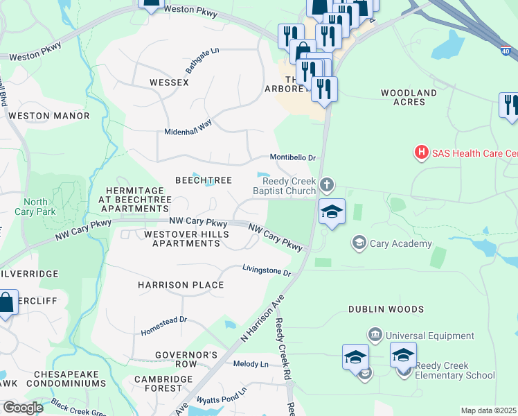 map of restaurants, bars, coffee shops, grocery stores, and more near 113 Beech Forest Court in Cary