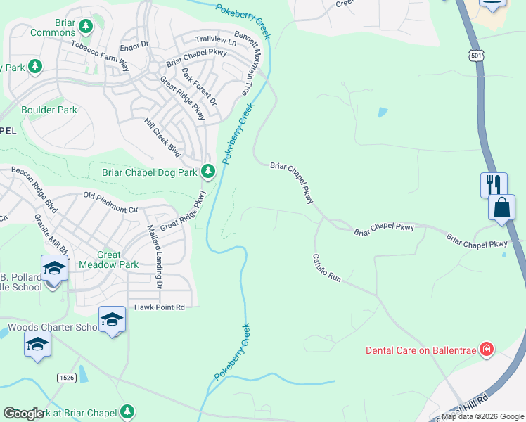 map of restaurants, bars, coffee shops, grocery stores, and more near Briar Chapel Parkway in Chapel Hill