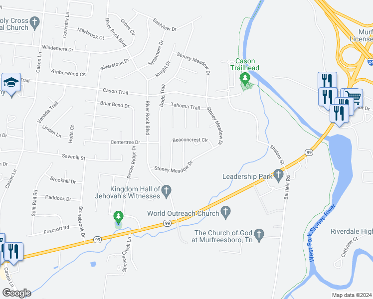 map of restaurants, bars, coffee shops, grocery stores, and more near 1613 Allston Drive in Murfreesboro