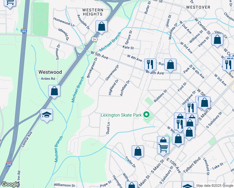 map of restaurants, bars, coffee shops, grocery stores, and more near 802 Mitchell Avenue in Lexington