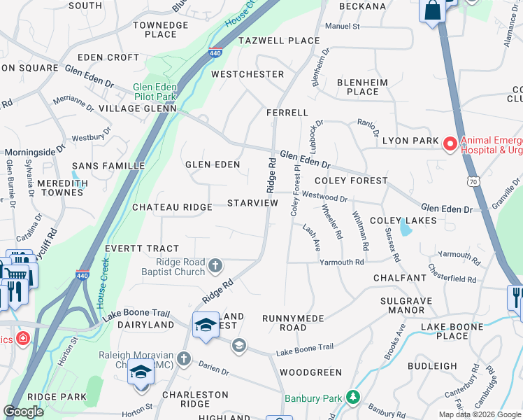 map of restaurants, bars, coffee shops, grocery stores, and more near 2133 Ridge Road in Raleigh