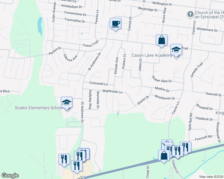 map of restaurants, bars, coffee shops, grocery stores, and more near 3242 Mapleside Lane in Murfreesboro