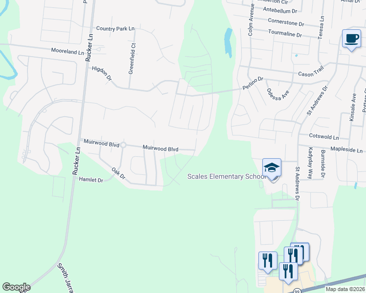 map of restaurants, bars, coffee shops, grocery stores, and more near 1713 Muirwood Boulevard in Murfreesboro