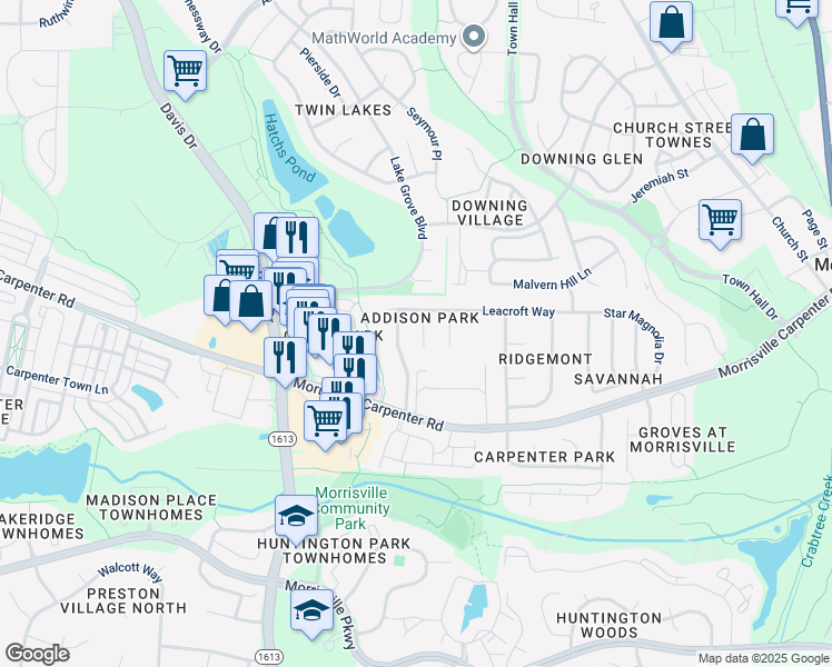 map of restaurants, bars, coffee shops, grocery stores, and more near 112 Bayless Ridge Court in Morrisville