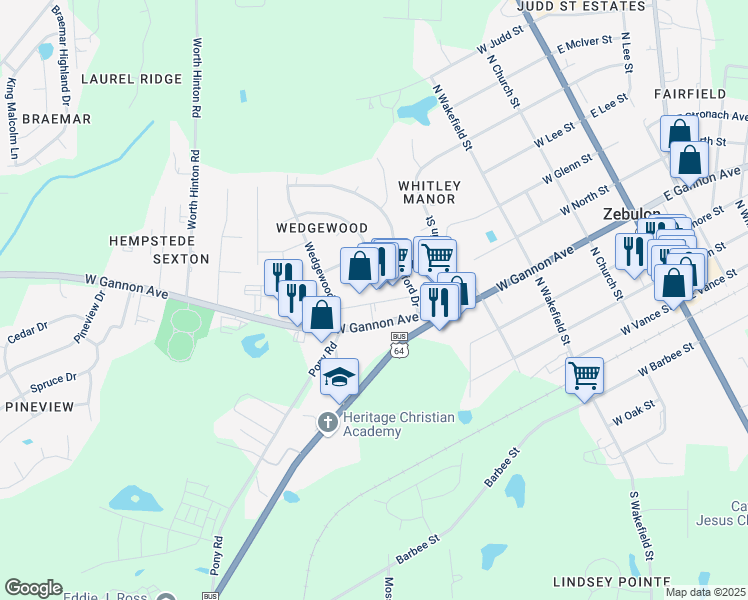 map of restaurants, bars, coffee shops, grocery stores, and more near 540 West Gannon Avenue in Zebulon