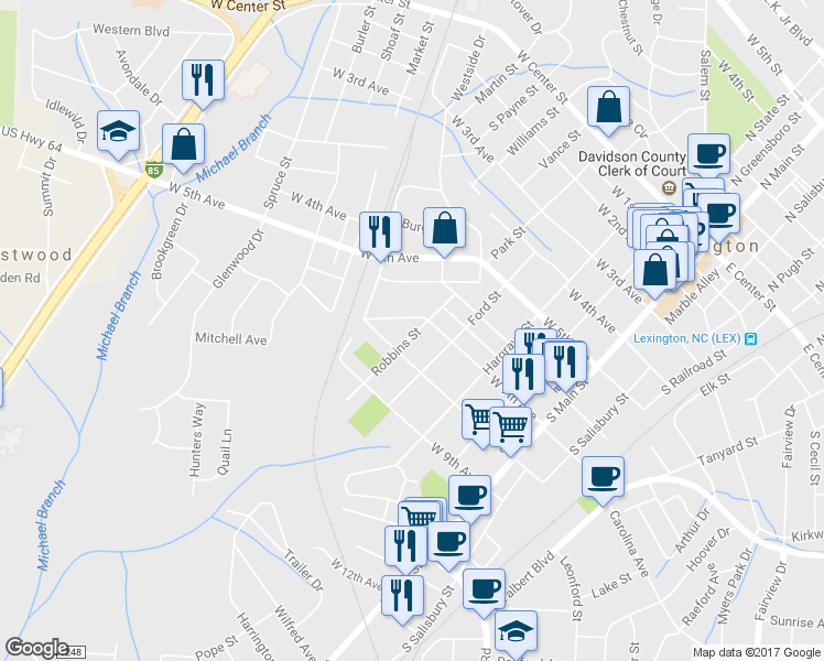 map of restaurants, bars, coffee shops, grocery stores, and more near 104 Robbins Street in Lexington