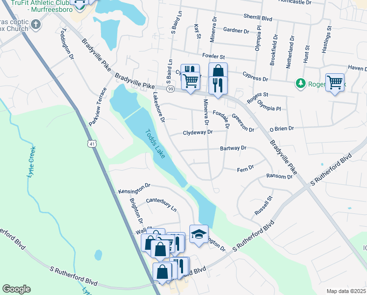 map of restaurants, bars, coffee shops, grocery stores, and more near 1507 Bartway Drive in Murfreesboro