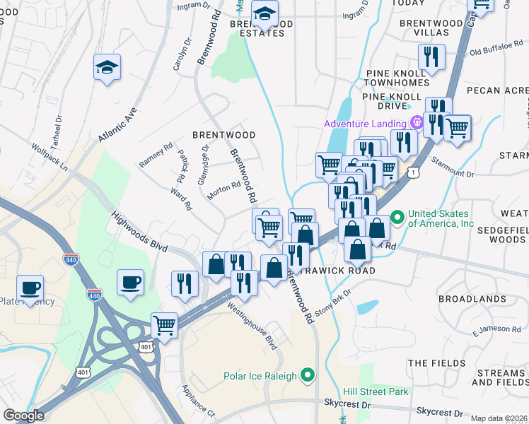 map of restaurants, bars, coffee shops, grocery stores, and more near 3004 Brentwood Road in Raleigh