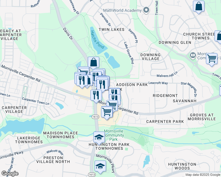 map of restaurants, bars, coffee shops, grocery stores, and more near 1200 Alemany Street in Morrisville