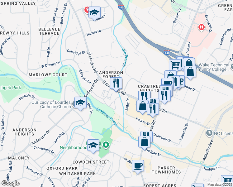 map of restaurants, bars, coffee shops, grocery stores, and more near 210 East Six Forks Road in Raleigh
