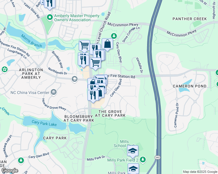 map of restaurants, bars, coffee shops, grocery stores, and more near 2000 Cary Reserve Drive in Cary