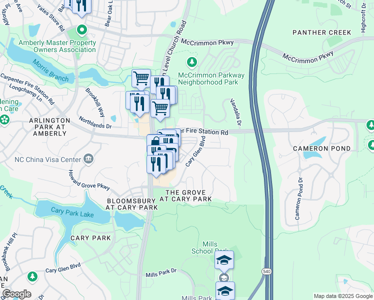 map of restaurants, bars, coffee shops, grocery stores, and more near 100 Benttree Forest Drive in Cary