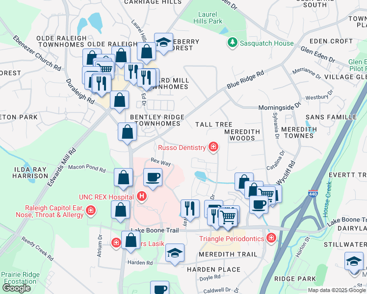 map of restaurants, bars, coffee shops, grocery stores, and more near 2850 Edridge Court in Raleigh