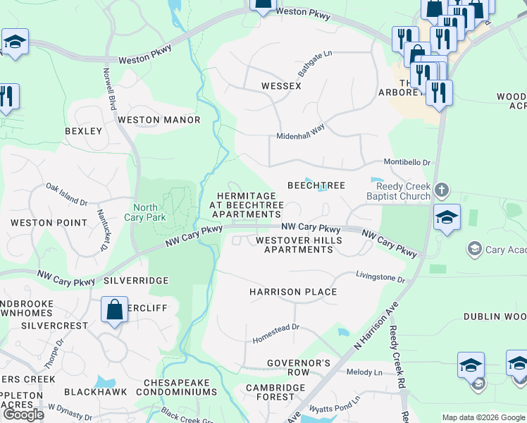 map of restaurants, bars, coffee shops, grocery stores, and more near 100-198 Hampton Lee Court in Cary