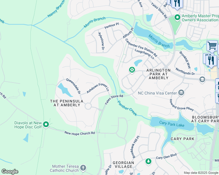 map of restaurants, bars, coffee shops, grocery stores, and more near 315 Ashdown Forest Lane in Cary