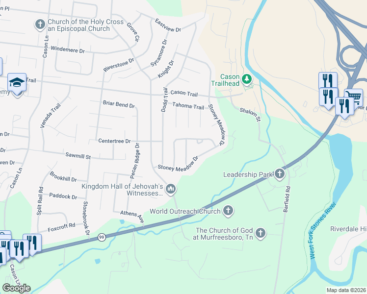map of restaurants, bars, coffee shops, grocery stores, and more near 1610 Allston Drive in Murfreesboro