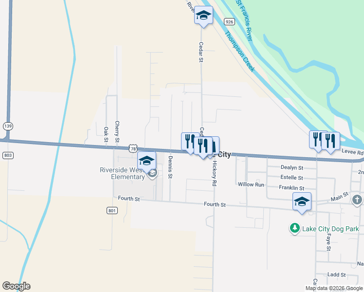 map of restaurants, bars, coffee shops, grocery stores, and more near 100-104 Pecan Street in Lake City