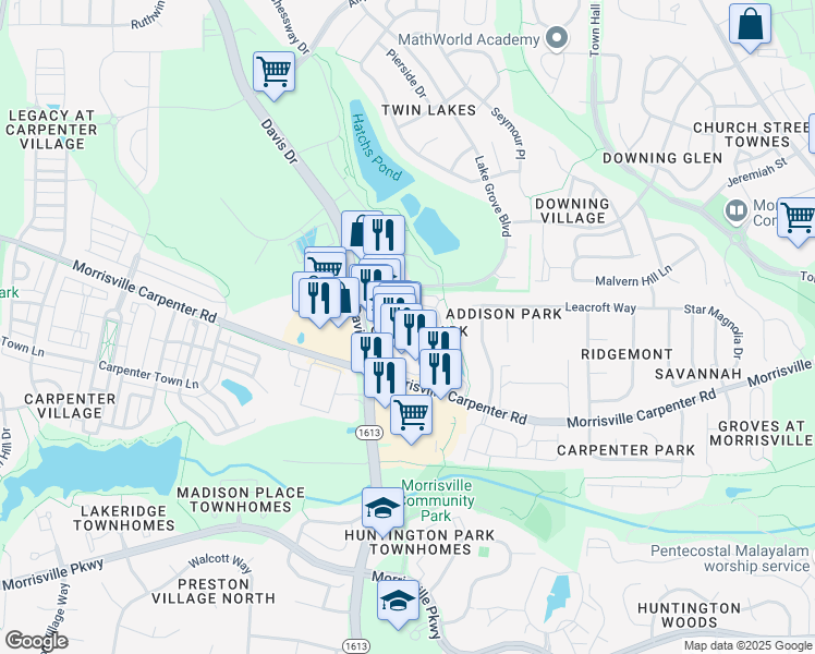 map of restaurants, bars, coffee shops, grocery stores, and more near 4108 Grace Park Drive in Morrisville