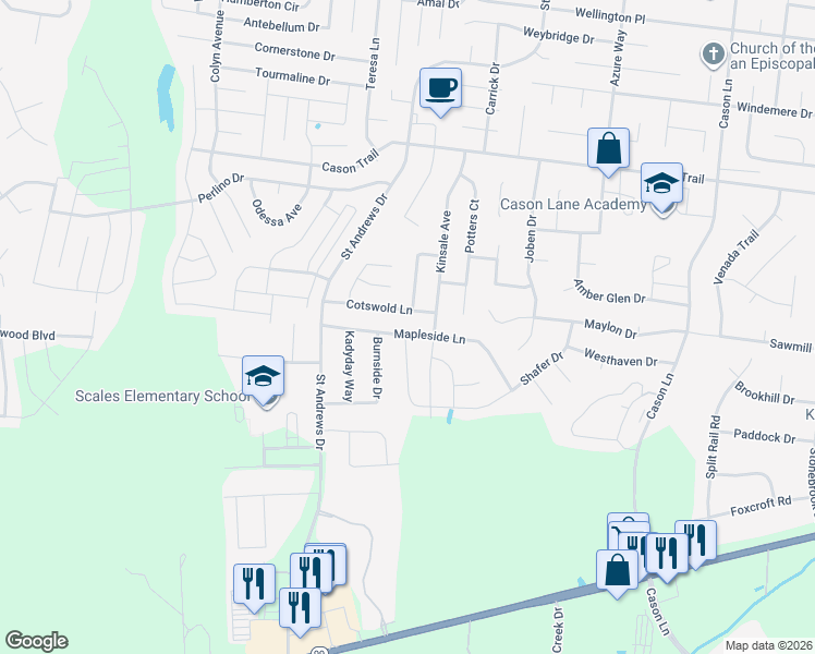 map of restaurants, bars, coffee shops, grocery stores, and more near 3307 Cotswold Lane in Murfreesboro