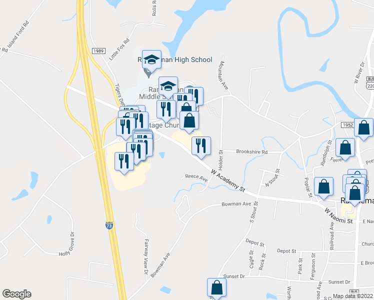 map of restaurants, bars, coffee shops, grocery stores, and more near 620 West Academy Street in Randleman