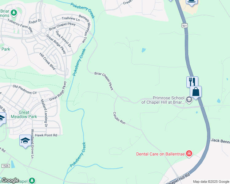 map of restaurants, bars, coffee shops, grocery stores, and more near Briar Chapel Parkway in Chapel Hill