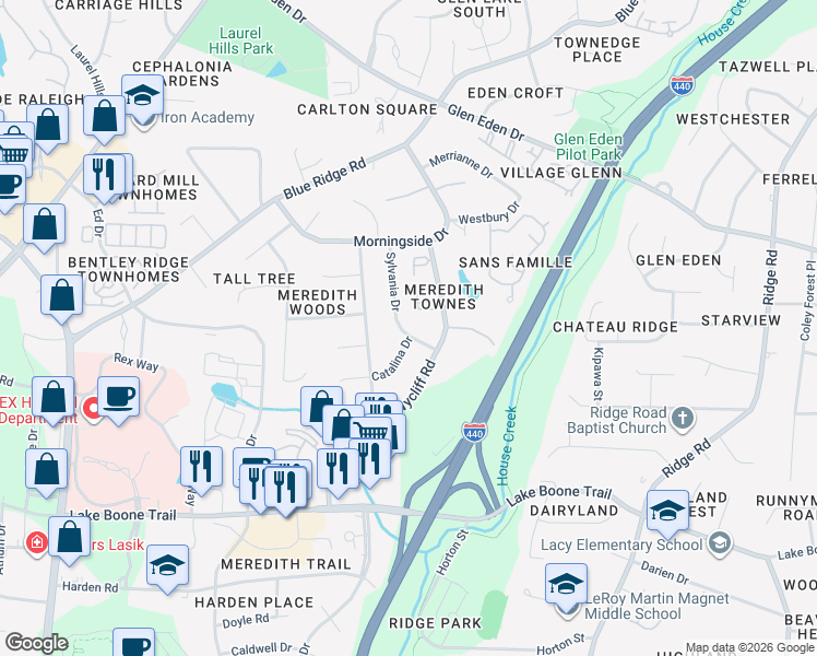 map of restaurants, bars, coffee shops, grocery stores, and more near 3000 Sylvania Drive in Raleigh