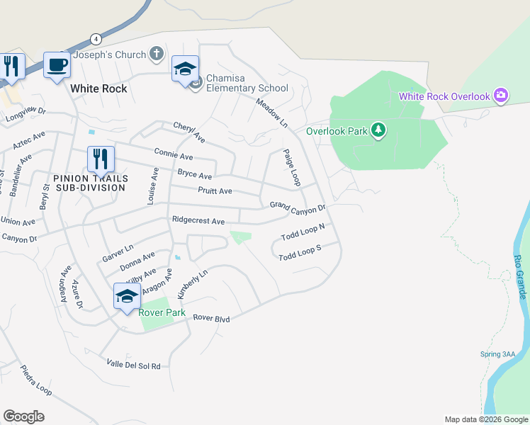 map of restaurants, bars, coffee shops, grocery stores, and more near 505 Grand Canyon Drive in White Rock