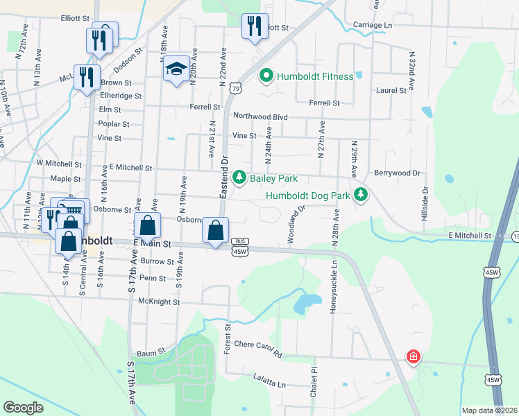 map of restaurants, bars, coffee shops, grocery stores, and more near 2300 Maple Circle in Humboldt