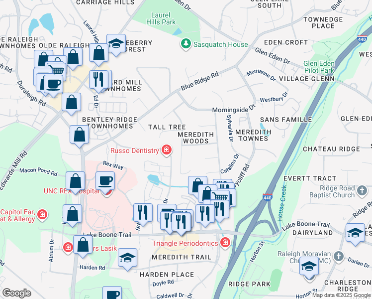 map of restaurants, bars, coffee shops, grocery stores, and more near 3413 Malibu Drive in Raleigh