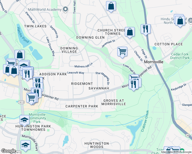 map of restaurants, bars, coffee shops, grocery stores, and more near 141 Factors Walk Lane in Morrisville