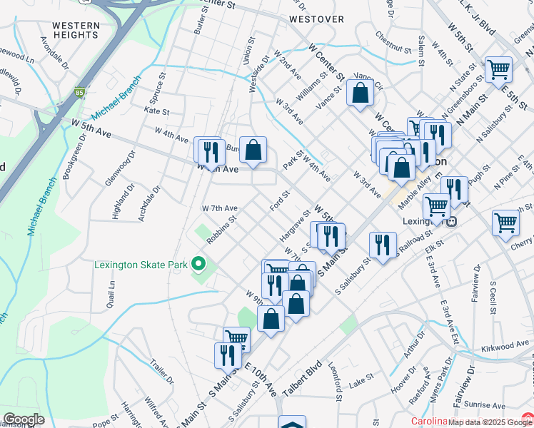map of restaurants, bars, coffee shops, grocery stores, and more near 602 Ford Street in Lexington