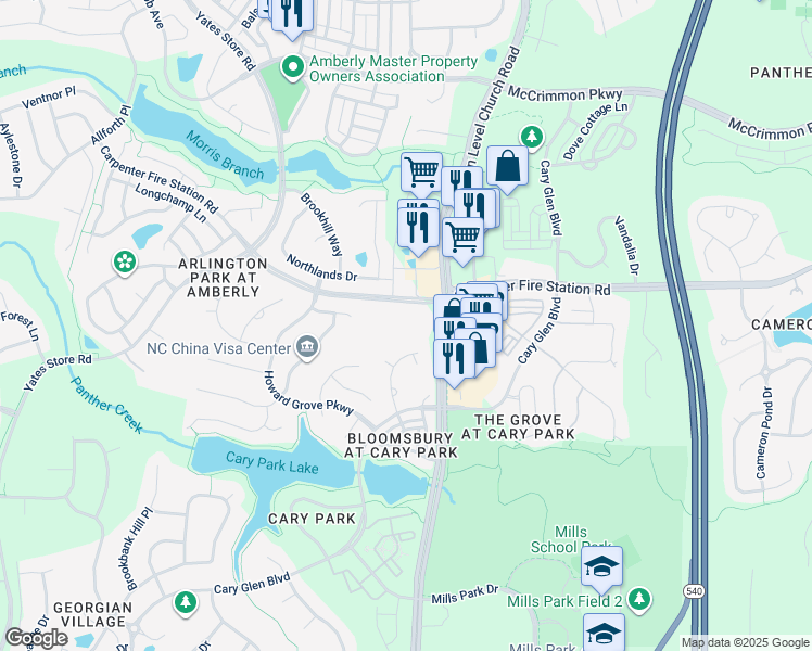 map of restaurants, bars, coffee shops, grocery stores, and more near 220 Tals Rock Way in Cary