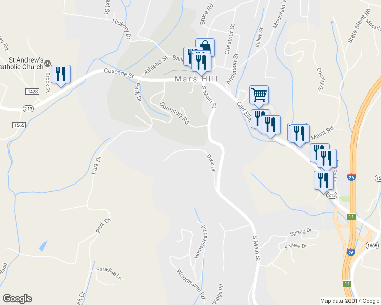 map of restaurants, bars, coffee shops, grocery stores, and more near 291 Duck Road in Mars Hill