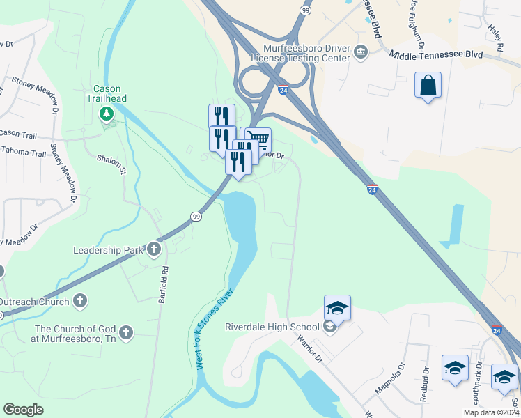 map of restaurants, bars, coffee shops, grocery stores, and more near 1673 New Salem Road in Murfreesboro